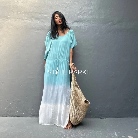 STYLE PARK MAXI KAFTAN DRESS - BNWT - ONE SIZE - BLUE DAISY/CREAM OMBRE - Picture 1 of 11